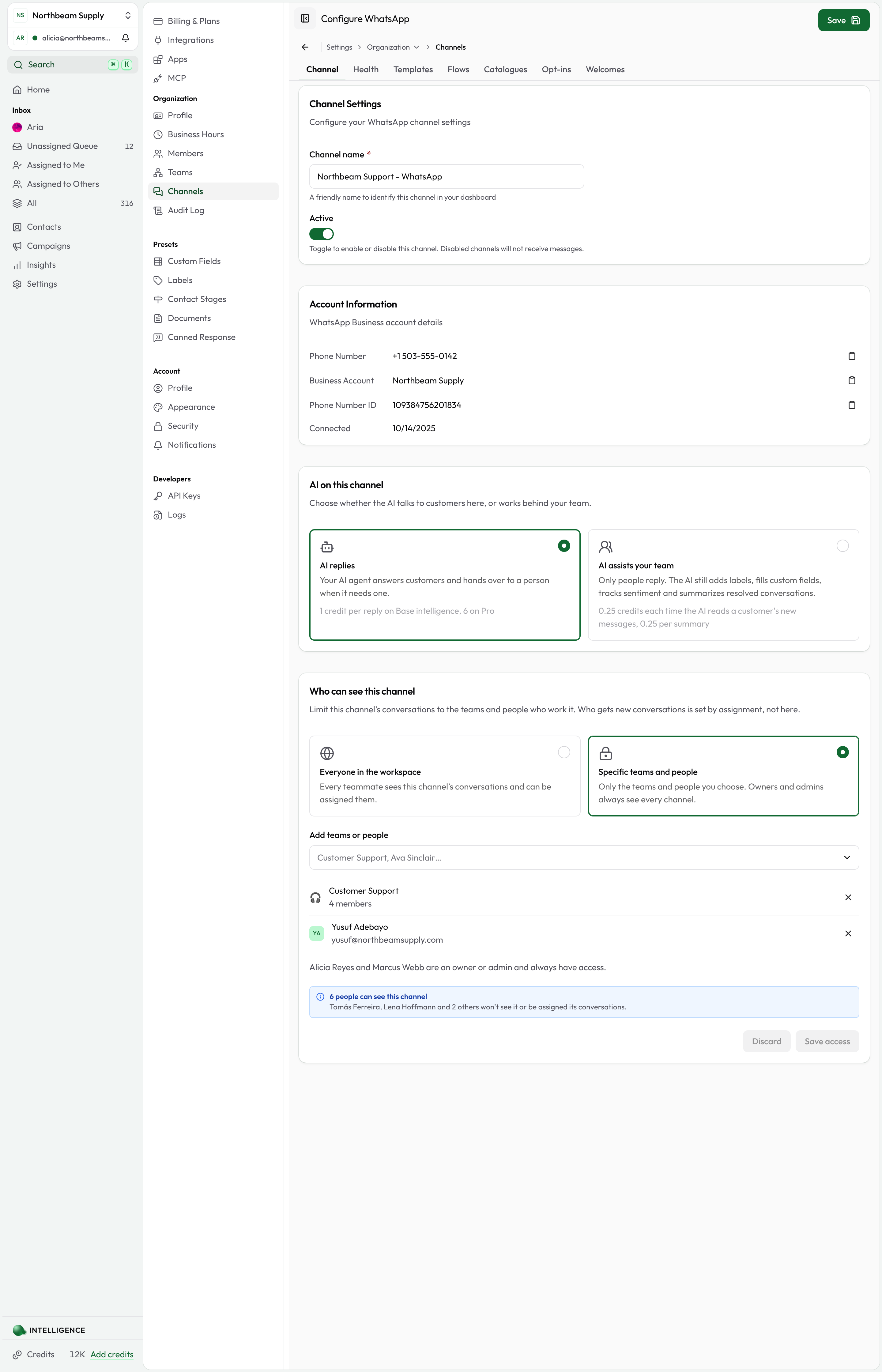 Who can see this channel, limited to the Customer Support team and one teammate, with the owner and admin named as always having access