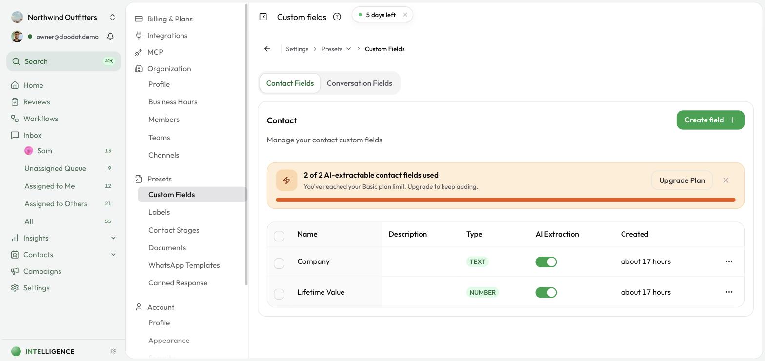 The Custom Fields page showing contact fields with AI Extraction toggles