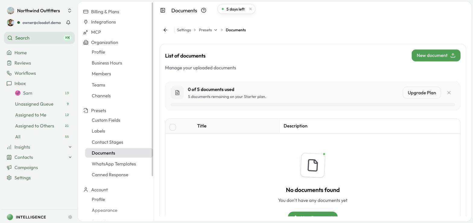 The Documents page showing a list of uploaded documents