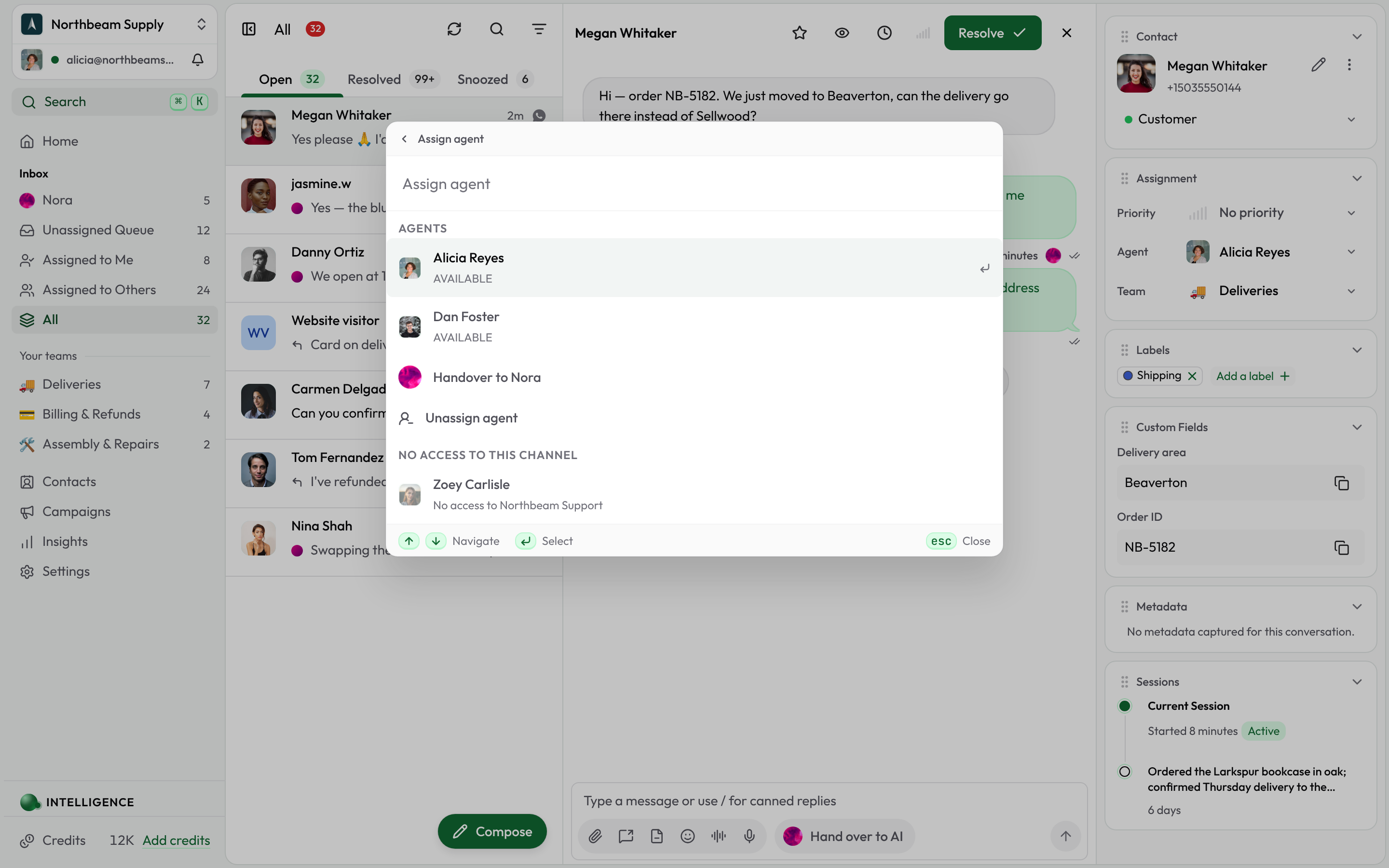 The assign menu on a limited channel: a teammate without access is listed apart, with the reason