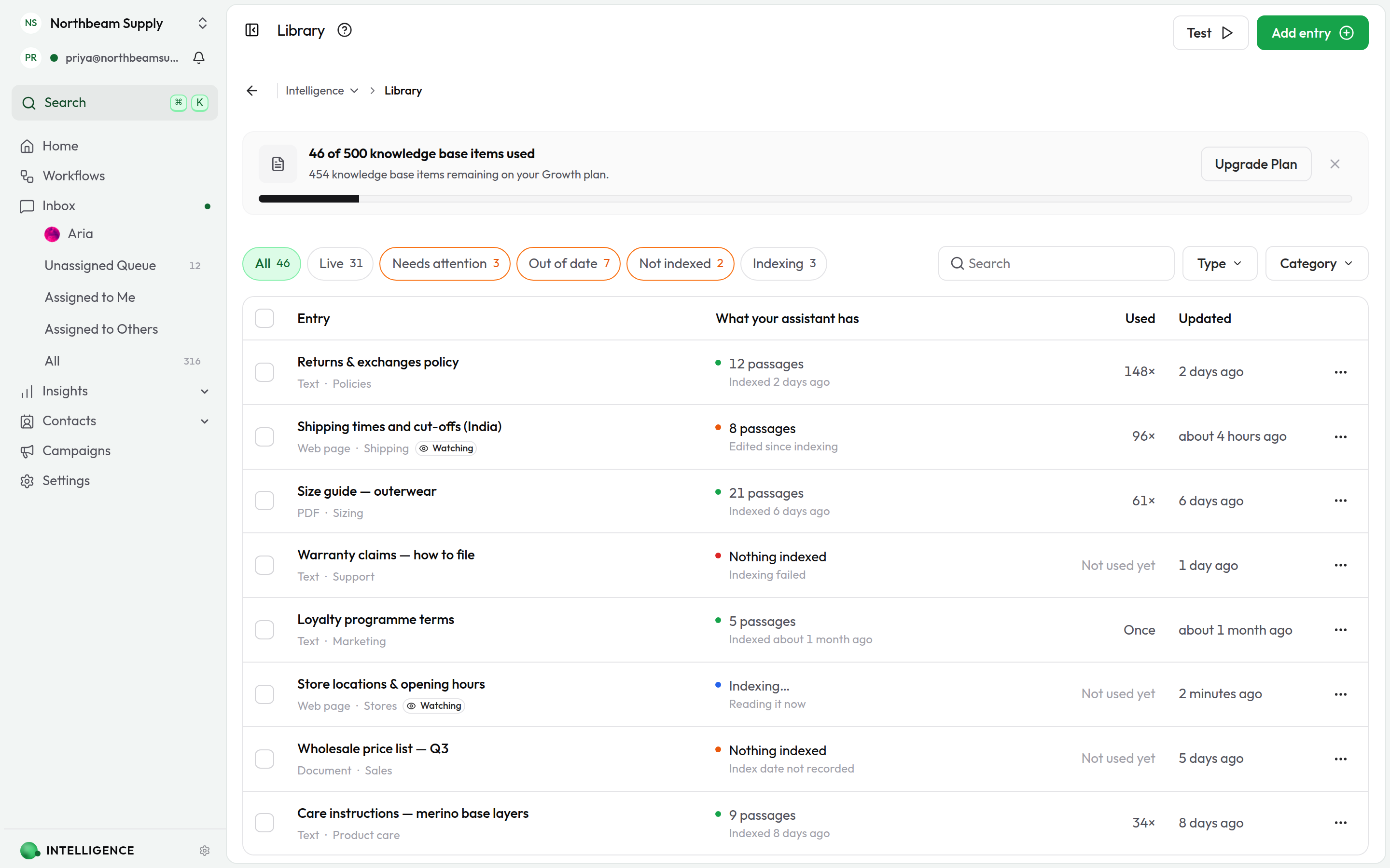 The Knowledge Base library showing each entry's training status, freshness, and how often the agent has cited it