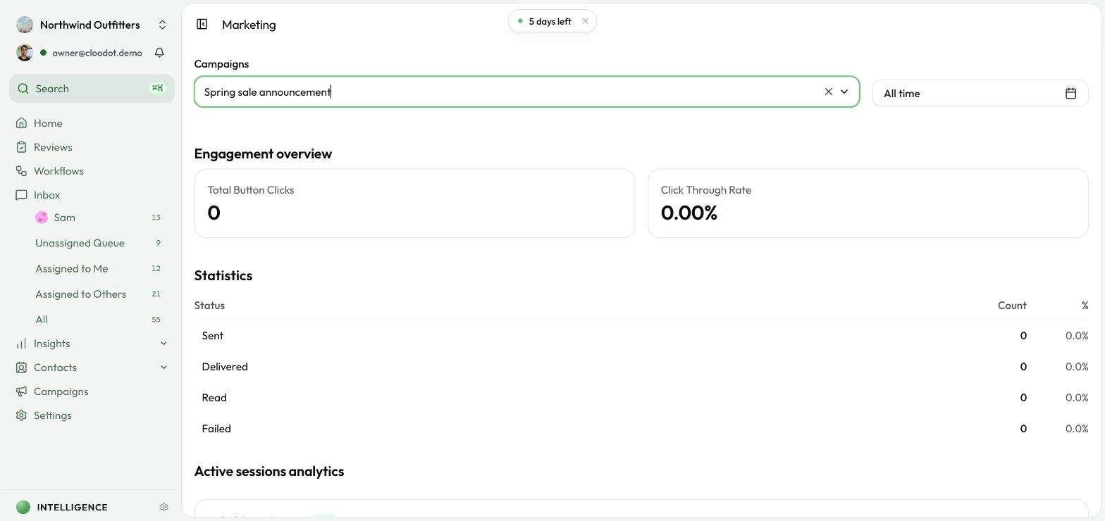 Marketing Insights dashboard showing campaign engagement and statistics