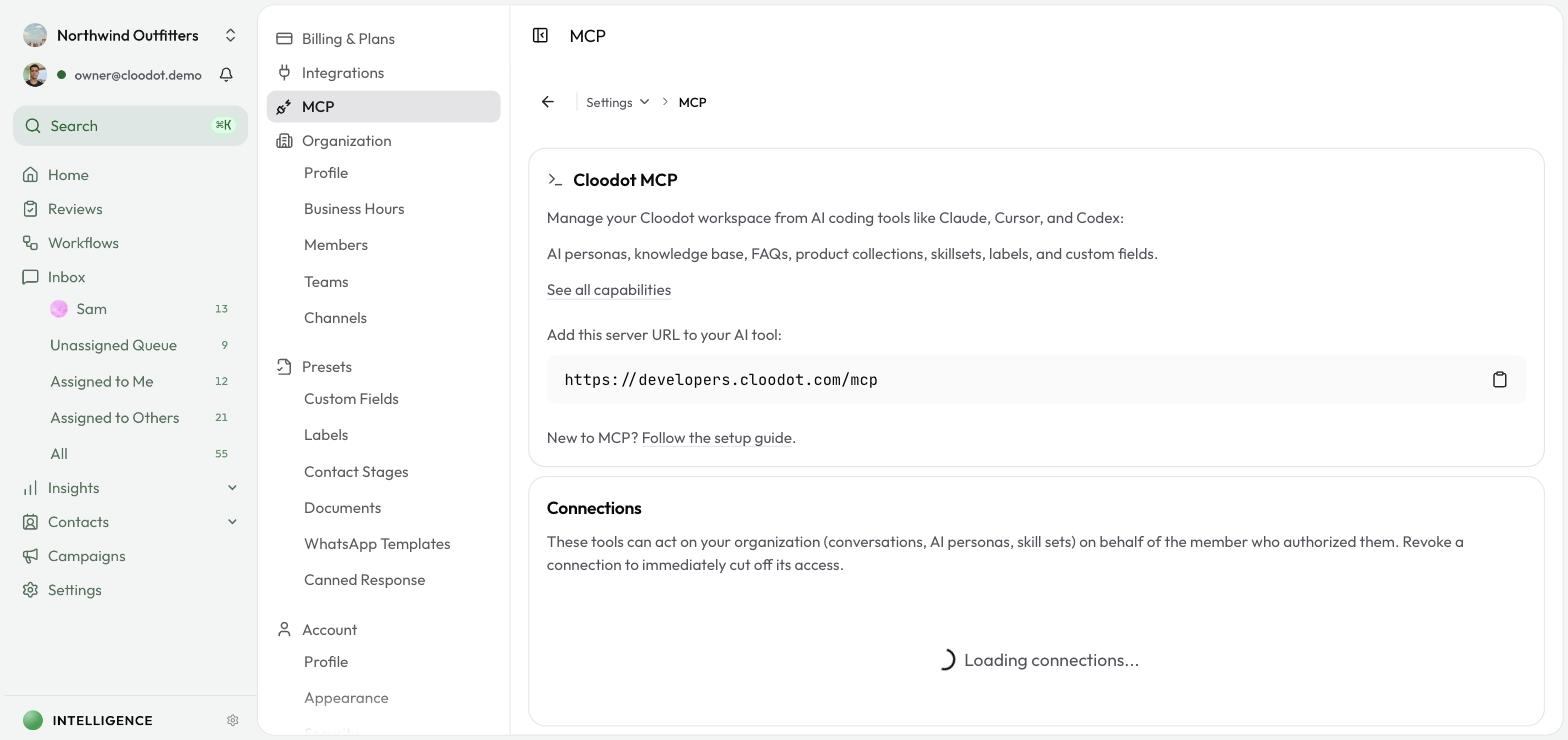 The Cloodot MCP server configuration showing its server URL and available capabilities