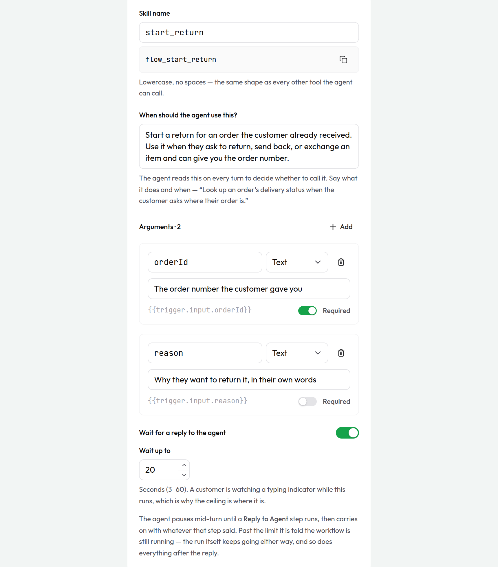 The AI Agent Skill trigger panel: the skill name with its derived flow_ tool name, the description the agent reads, and two arguments each showing the reference it produces downstream