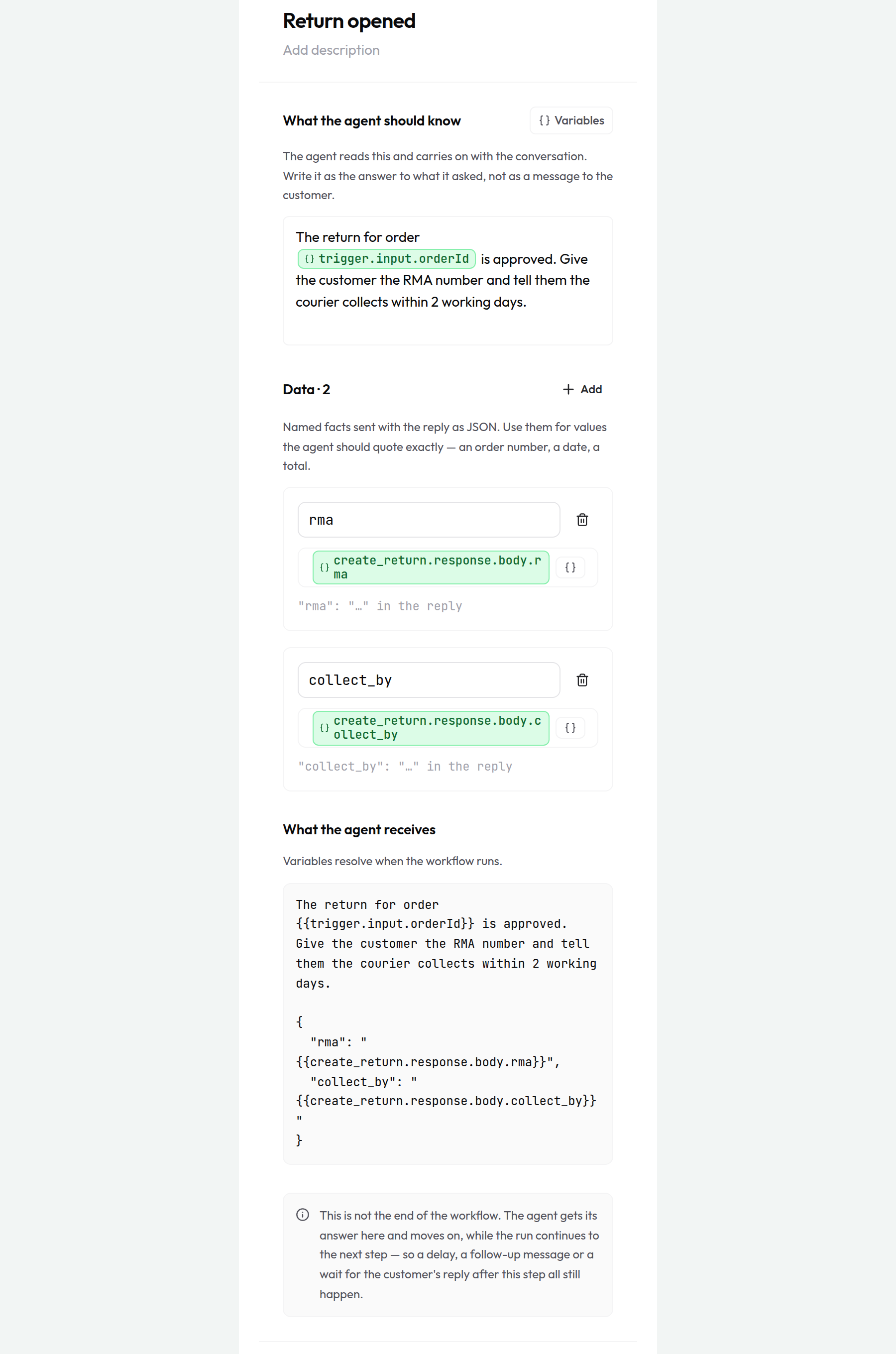 The Reply to Agent panel: the templated reply, two named data rows, and a preview of exactly what the agent receives with the data folded into the reply as JSON